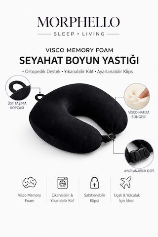 Morphello Visco Seyahat Boyun Yastığı Klipsli, Yıkanabilir Kılıflı Ortopedik U Boyun Yastığı Siyah