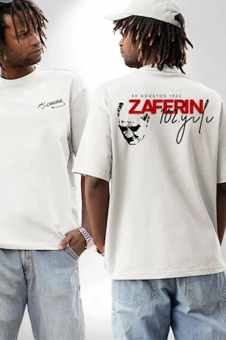 Veraura Lifestyle 30 Ağustos Zafer Bayramı Ön Arka Baskılı Oversize Bisiklet Yaka T-shirt - Beyaz