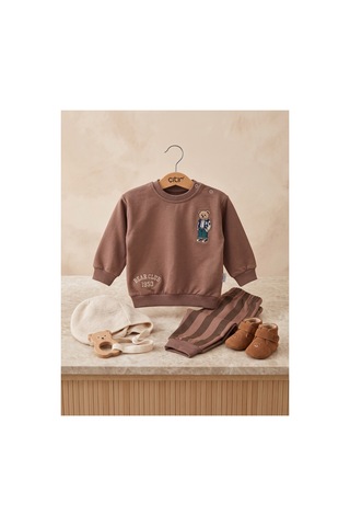 Çıtırkids Erkek Bebek Ayıcık Nakışlı Çizgili İki İplik Pamuklu Sweatshirt Alt Üst Takım Kahverengi