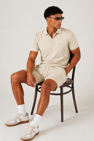 Erkek %100 Pamuk Polo Yaka Tişört Ve Şort Takım Slim Fit Yazlık 2'li Kombin Bej