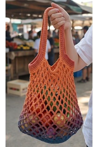 Artepieza Handmade Çok Renkli Yazlık Plaj Market Filesi-koton İp El Örgüsü File Pazar Plaj Çantası 55x30 Cm 2 Çok Renkli