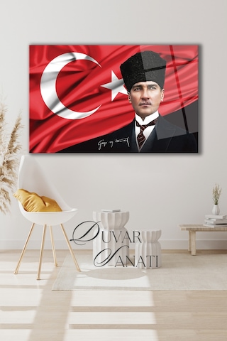 Atatürk Portre Ve Türk Bayrağı Yatay Cam Tablo Evlika, Modern Duvar Dekoru , Kurum Ofis İş Hediyelik Tablo