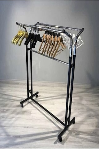 Teknor V Ayarlı Paslanmaz Metal Konfeksiyon Elbise Askılık Tekerlekli Portatif Askılık Siyah