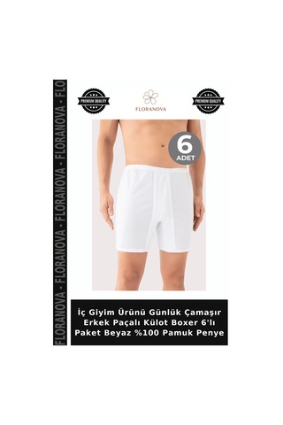 Floranova İç Giyim Ürünü Günlük Çamaşır Erkek Paçalı Külot Boxer 6'lı Paket Beyaz %100 Pamuk Penye