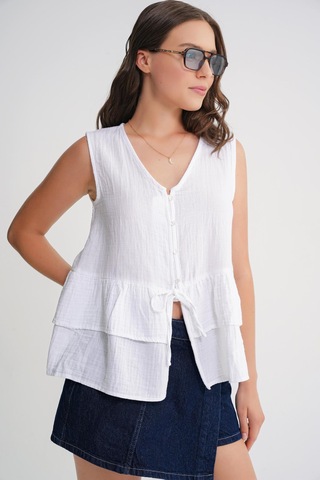 4722 Kadın V Yaka Fırfırlı Müslin Bluz Beyaz Beyaz
