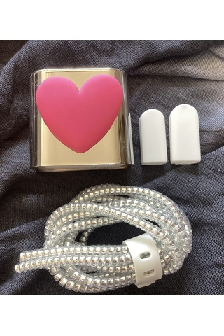 Brokoli Home Apple Uyumlu iPhone 18w/20w Gümüş-pembe Kalp Şarj Kılıfı, Şarj Kablosu Örme Aparatı, Kablo Ko Diğer