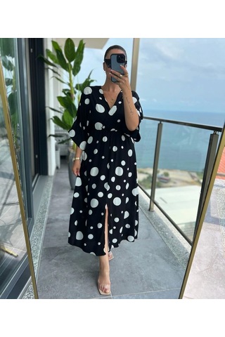 Kadın Puantiyeli Kruvaze Uzun Elbise Desenli