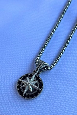 Pusula El İşçiliği Paslanmaz Çelik Zincir Erkek Kolye Gri