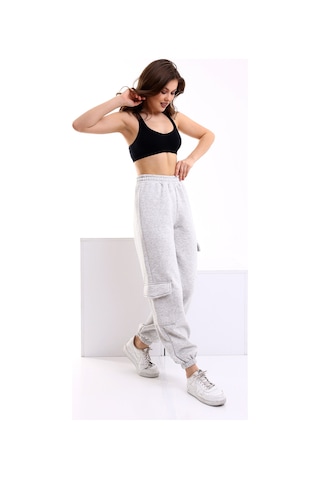 Winmoda34 Kadın Jogger Kalın 3 Iplik Yandan Cepli Kargo Eşofman Altı Gri