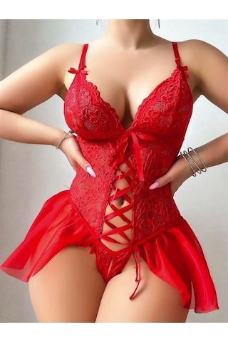 Majeur Kadın Closet Kırmızı Dantel Detaylı Önü Dekolteli Babydoll