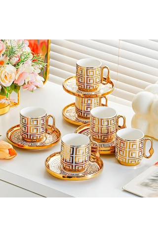 Valkyrie 12 Parça 6 Kişilik 80 Ml Geometrik Desenli Türk Kahvesi Fincan Takımı Gold K651-c