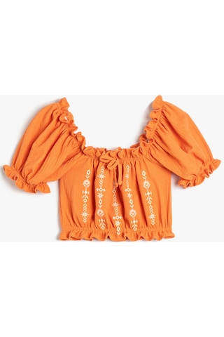 Koton Crop Bluz Fırfırlı İşlemeli Önü Büzgülü Kısa Kollu Turuncu 3skg10423ak 3SKG10423AK207 Turuncu