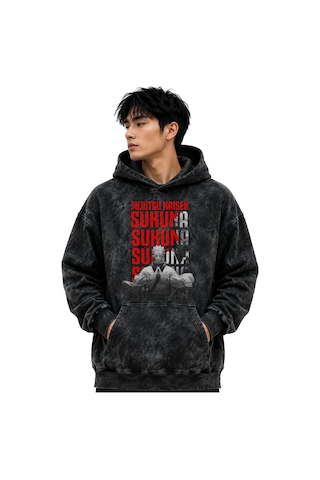 Sevbano Jujutsu Kaisen Sukuna Anime Baskılı Unisex Oversize Yıkamalı Prem Siyah