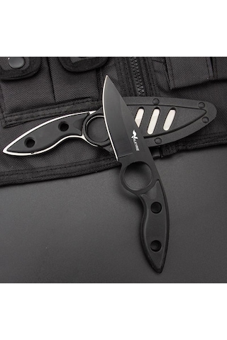 Valkyrie 3cr14mov Kılıflı Paslanmaz Çelik Parmak Delikli Outdoor Kamp Bıçağı 17.5 Cm Kompakt Gövde Siyah