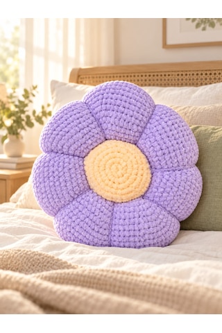 El Yapımı Örgü Çiçek Yastık Yumuşak Dokulu Dekoratif Papatya Kırlent 30 Cm Açık Mor