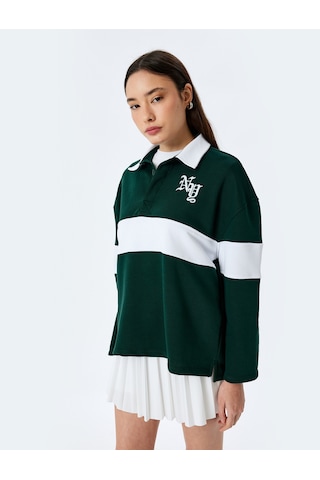 Koton Polo Yaka Nakışlı Düğmeli Renk Bloklu Oversize Sweatshirt Yeşil 5sal10439ık Yeşil