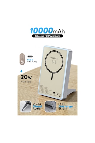 Fulltech Fp50 Magsafe Wireless Powerbank Mavi 10000mah 20w Lcd Ekranlı Standlı Taşınabilir Şarj Ciha