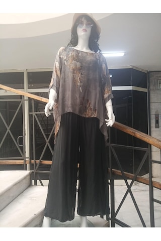 Bohem Stil İtalyan Dijital Çiçek Baskılı Özel Tasarım İpek Bluz- Pantolon Takım-8790 Gri