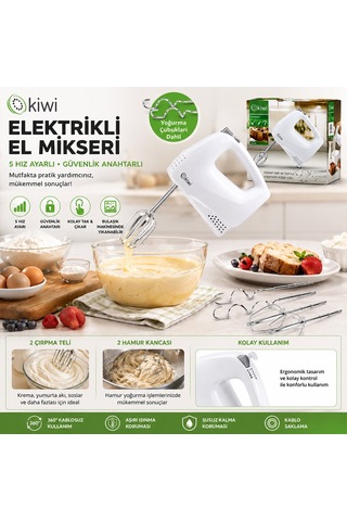 Kiwi Kmx-3608 Elektrikli El Mikseri 2pcs Metal Çırpma Aparatı - 2pcs Hamur Kancası 5 Kademe Hız Çırpıcı Çıkar Diğer