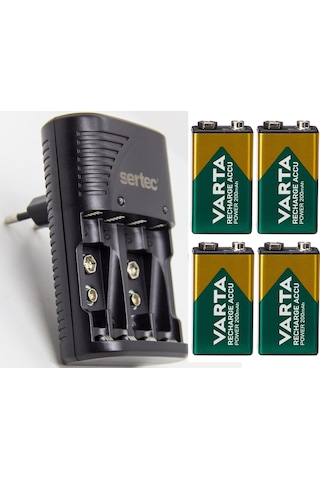 Sertec STC-9V Pil Şarj Cihazı + Varta 9V Şarjlı Pil 4'lü