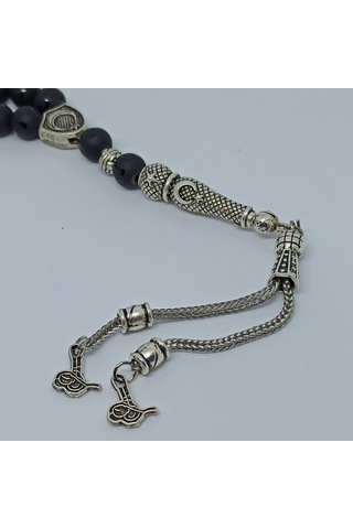 Kesebe Doğal Mat Siyah Desenli Oniks Taşlı Tespih - El Yapımı Koleksiyonluk Parça Çok Renkli