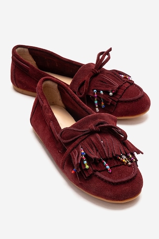 Luvishoes Evelyn Bordo Süet Hakiki Deri Püsküllü Boncuklu Kadın Loafer Ayakkabı