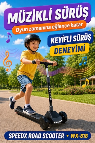 Antrasit Işıklı Müzikli Speedx Road Scooter Wx-818 3 Tekerlekli Çocuk Scooterı Geniş Dokulu Taban