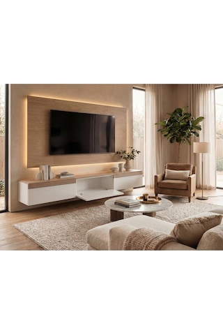 Purelıne Ledli Duvar Tv Ünitesi 140 Cm Meşe Beyaz Beyaz-meşe 160 Cm