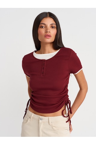 Dilvin 31816 Çift Katlı Büzgülü T-shirt-açık Bordo Açık Bordo