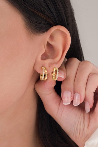 15 Mm Gümüş Altın Kaplama Beyaz Zirkon Taşlı İki Sıralı Halka Küpe