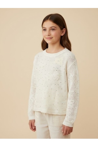 Zekids Kız Çocuk Ajur Desenli Şık Triko Tasarım Bluz-17142 Ekru