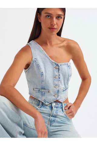 Dilvin Tek Omuzlu Denim Yelek Mavi