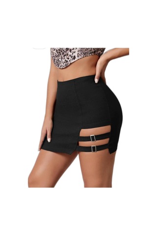 Gugus Kadın Mini/kısa Tokalı Çelik Örme Kumaş Etek Siyah