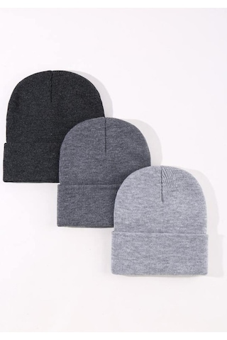 Eke Tekstil Unisex Katlamalı 3'lü Bere Seti Antrasit - Açık Gri - Gri