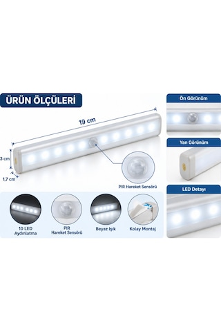 Pır Hareket Sensörlü 10 Led Dolap İçi Aydınlatma Lambası Kablosuz Beyaz Işık 19 Cm