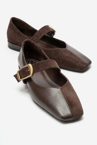 Luvi Shoes Curzon Kahverengi Cilt Süet Kadın Kemerli Babet Ayakkabı