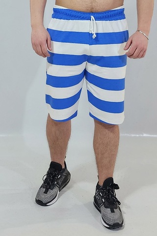 Mavi Çizigili Pamuklu Şort Beyaz - Mavi