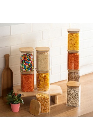 6-3 Bambu Vakumlu Kapaklı Kare Borsilikat Cam 9lu Kavanoz Seti Saklama Kabı 1250ml 9,5x15cm Çok Renkli