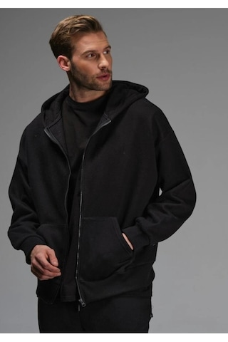 Tarzsokak Siyah Oversize 3 Iplik Kalın Içi Polarlı Fermuarlı 1.kalite Bol Kesim Düz Baskısız Sweatshirt Siyah
