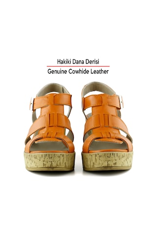 Erkan Saçmacı Xena Turuncu Hakiki Dana Derisi Mantar Taban Görünümlü Dolgu Topuklu Gladyatör Sandalet Turuncu