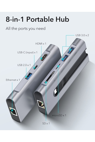 Esr 8-in-1 Usb-c Hub: 4k Hdmı, Gigabit Ethernet Rj45 , 100w Pd Şarj Ve Yüksek Hızlı Veri Aktarımı