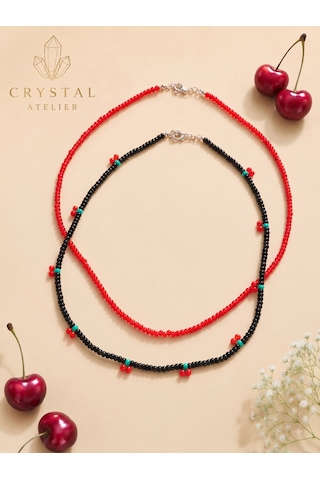 Crystal Atelier 2'li Kiraz Kolye Seti El Yapımı Kum Boncuk Siyah Kırmızı İkili Kadın Choker Kolye Kombini Kırmızı - Siyah