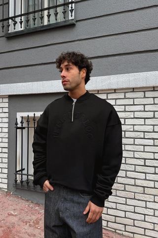 Flaw Nakışlı Half Zip Sweatshirt-28695 Sİyah