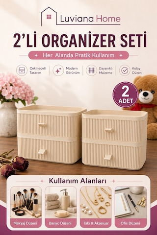 Çekmeceli Xl Makyaj Takı Kozmetik Parfüm Krem Serum Düzenleyici 2'li Organizer Çok Renkli