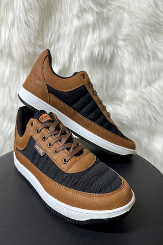 Günlük Erkek Sneaker Bağcıklı Hafif Rahat Fileli Hava Alabilen Yürüyüş Spor Ayakkabısı 014 Siyah - Taba