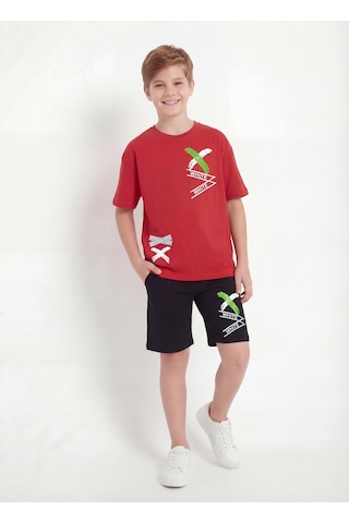 Panios Kids X White Baskı Detaylı Yuvarlak Yaka Yazlık Erkek Çocuk Alt Üst Takım Kırmızı