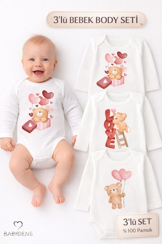 Babyden's 3 Lü Bebek Body Seti %100 Pamuk Uzun Kollu Ayıcık Baskılı Yenidoğan Unisex Bebek Body Beyaz