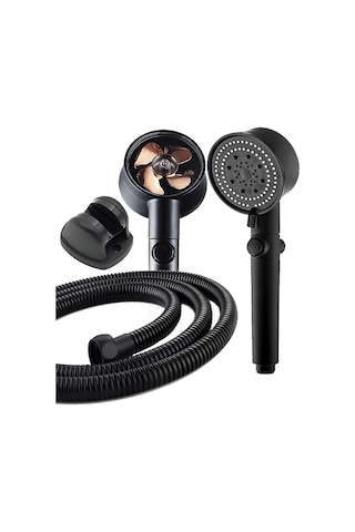 Turbo Pervaneli 5 Fonksiyonlu Duş Başlığı + Mafsal + Duş Hortumu 150 CM Set Siyah