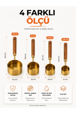 Lüks 4'lü Ahşap Kulplu Gold Ölçü Kaşığı Seti Kahve, Baharat, Tatlı Ve Hamur İşi İçin Mutfak Ölçü Seti Altın