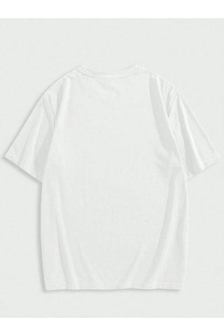 Erkek El Baskı Oversize Beyaz Baskılı T-shirt - Bisiklet Yaka Kısa Kol Rahat Kalıp Tişört Beyaz